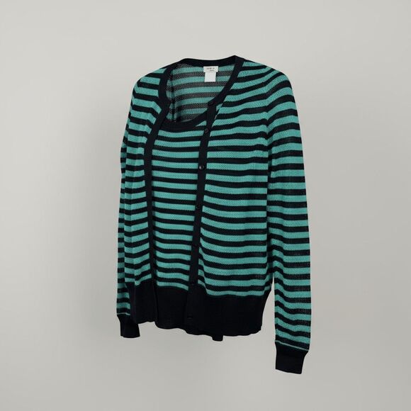 NWOT Akris Punto 2pc Matching Twin Set Cardigan and Tank Aqua Navy Stripe Medium - Picture 1 of 10